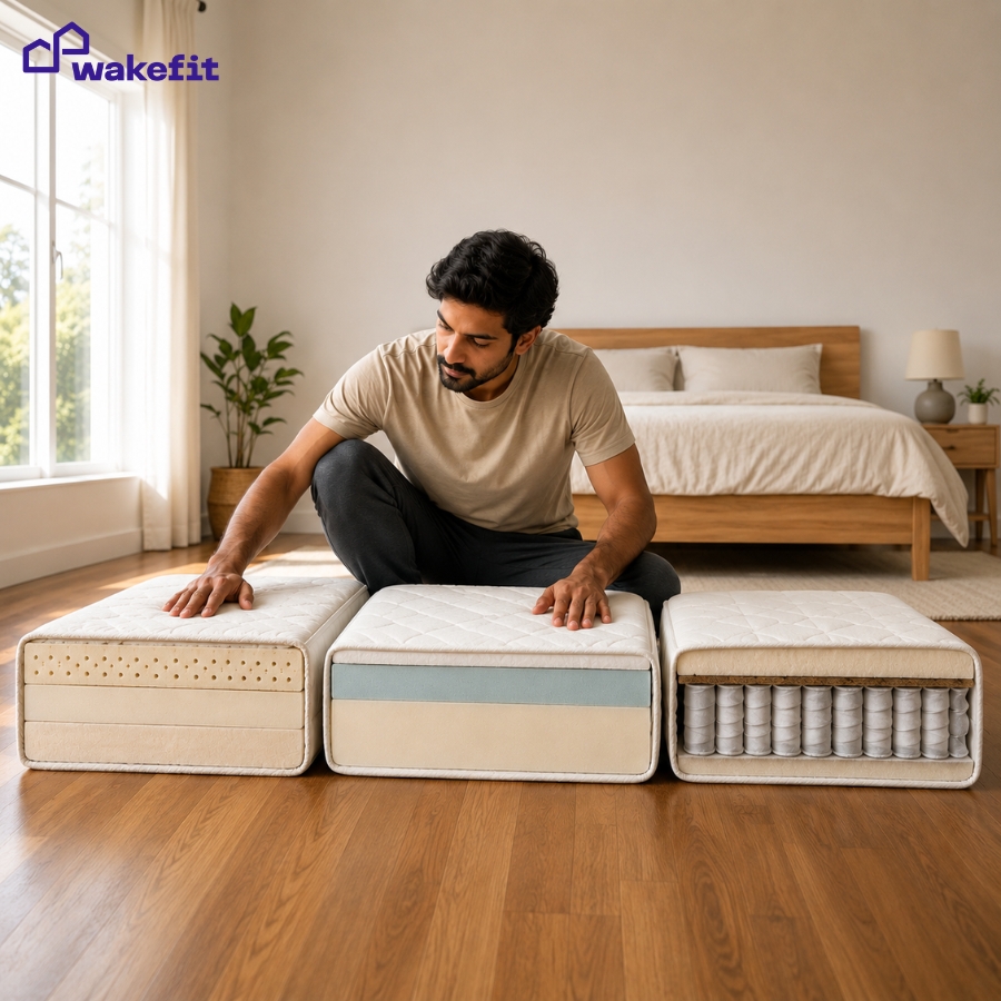 Cross-section comparison of latex, memory foam and spring mattress types showing internal layers and durability differences