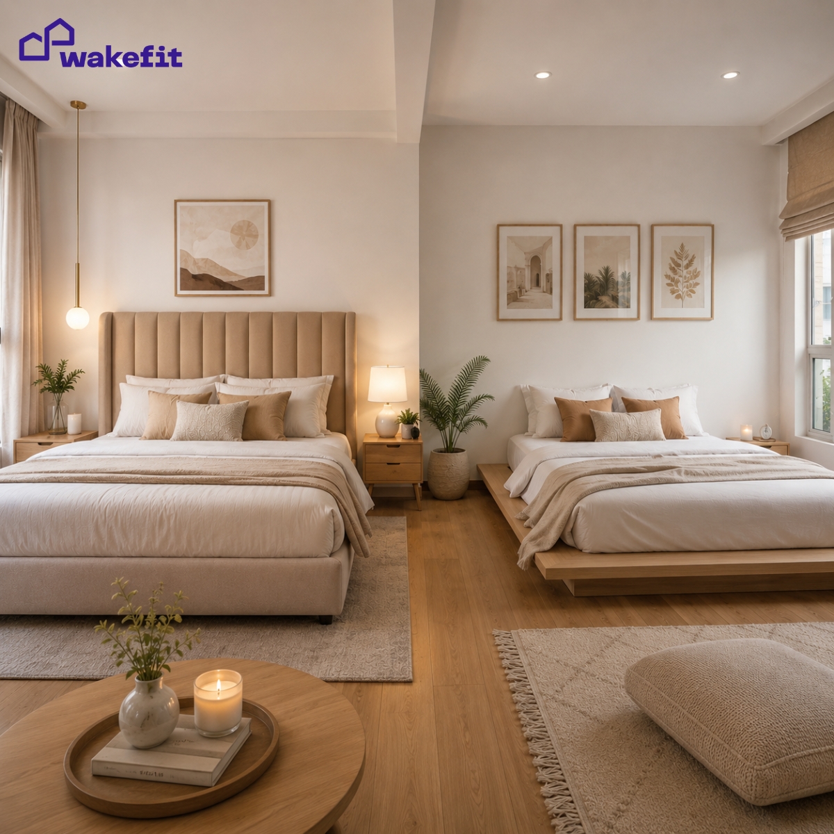 Side-by-side comparison of a bed with an upholstered headboard and a bed without a headboard in an Indian bedroom, showing styling differences