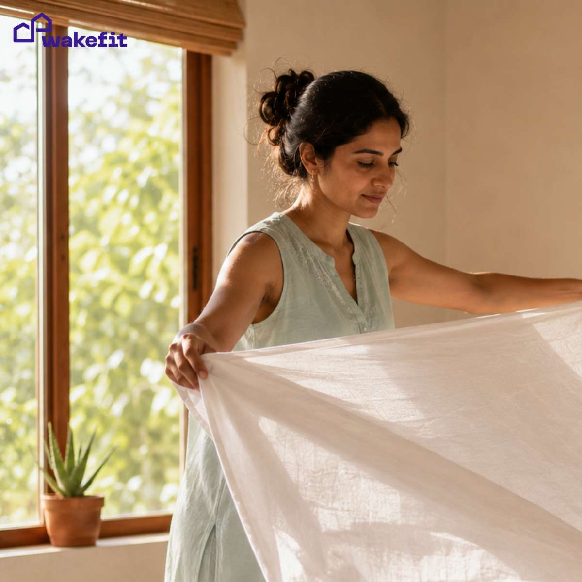 Indian woman spreading a lightweight cotton percale bedsheet on a bed in a bright summer bedroom