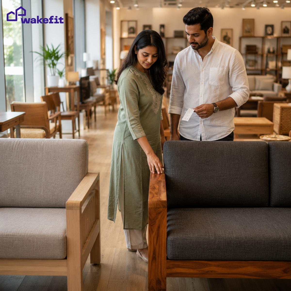 Indian couple examining solid sheesham sofa quality in a furniture showroom, comparing premium and budget furniture options
