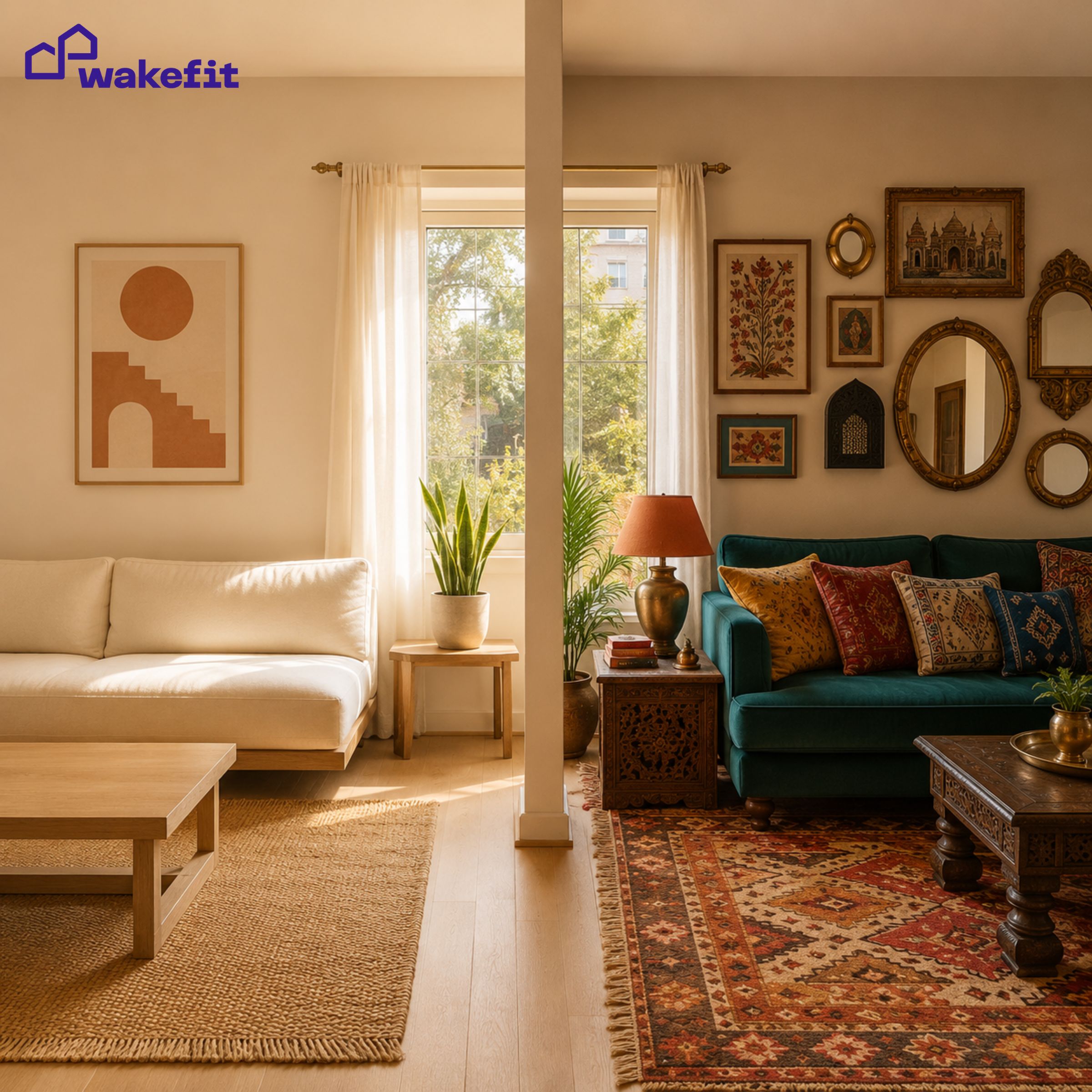 Split view of an Indian living room showing minimalist decor on the left and maximalist decor on the right for style comparison