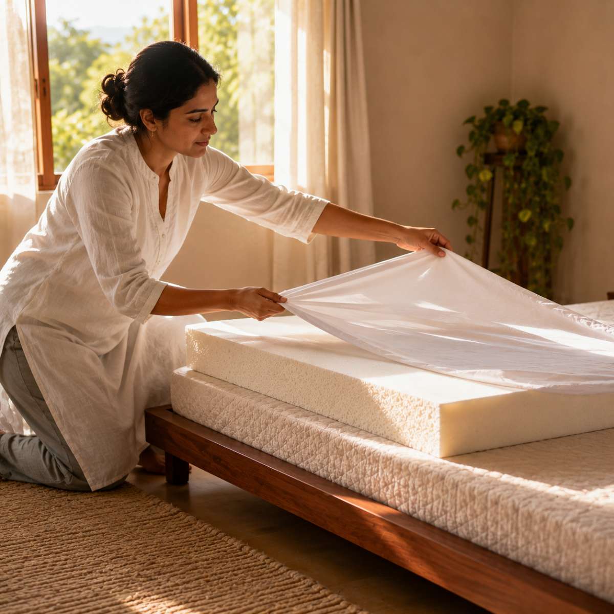 Indian woman layering a mattress protector over a mattress topper on a bed, showing the correct setup for mattress accessories