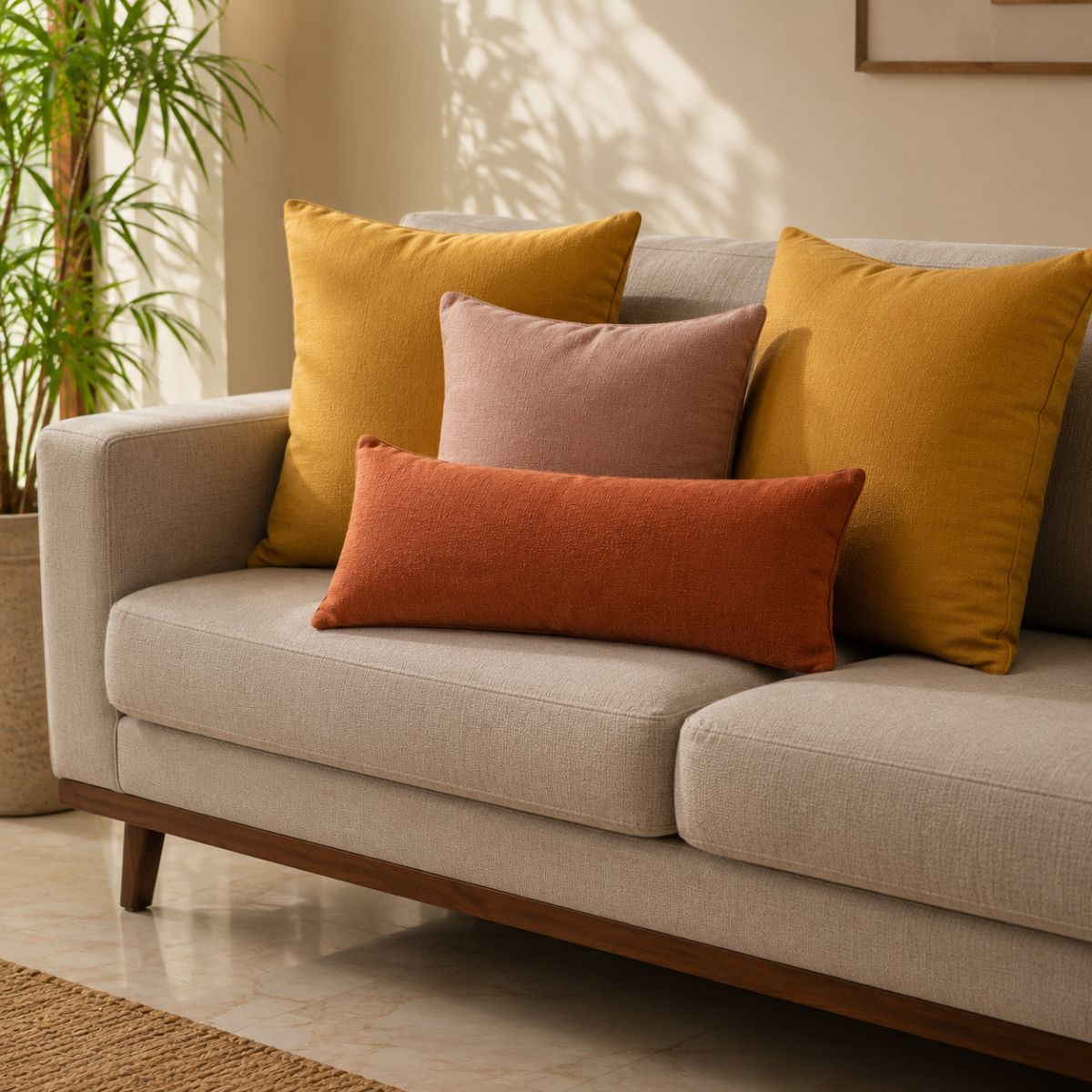 Cushion size arrangement on Indian 3-seater sofa showing layered sizes from large to lumbar