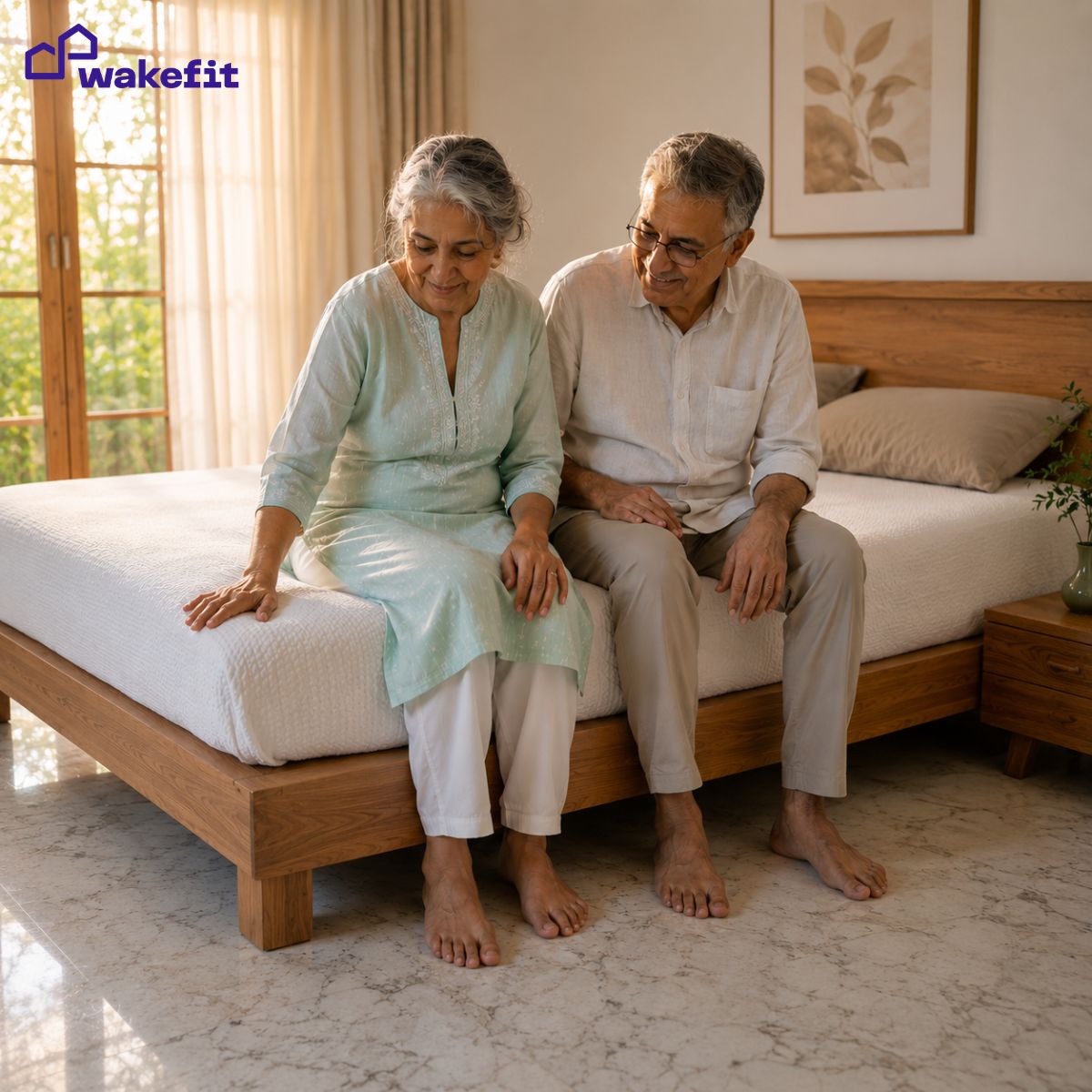 Elderly Indian couple sitting on bed edge testing mattress firmness - best mattress for senior citizens buying guide
