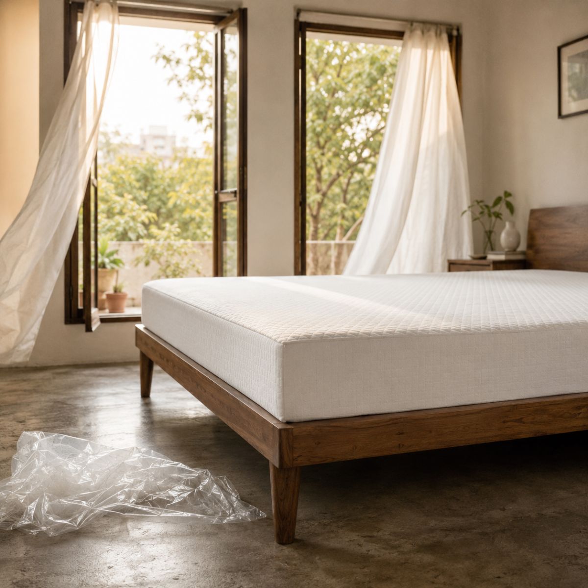 New mattress being aired near open windows in an Indian bedroom to remove off-gassing smell