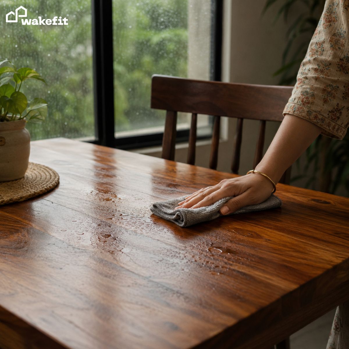 Wooden furniture surface being wiped with microfibre cloth during monsoon season - how humidity affects wooden furniture care guide