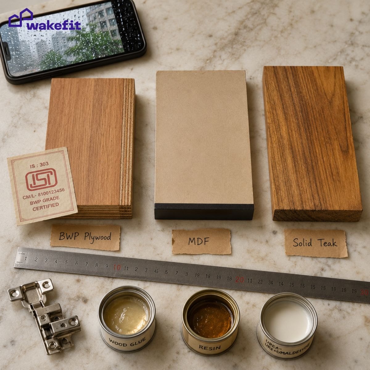 A close-up of wardrobe material cross-sections - plywood, MDF, and solid wood - laid side by side on a light surface, showing internal grain and layer structure