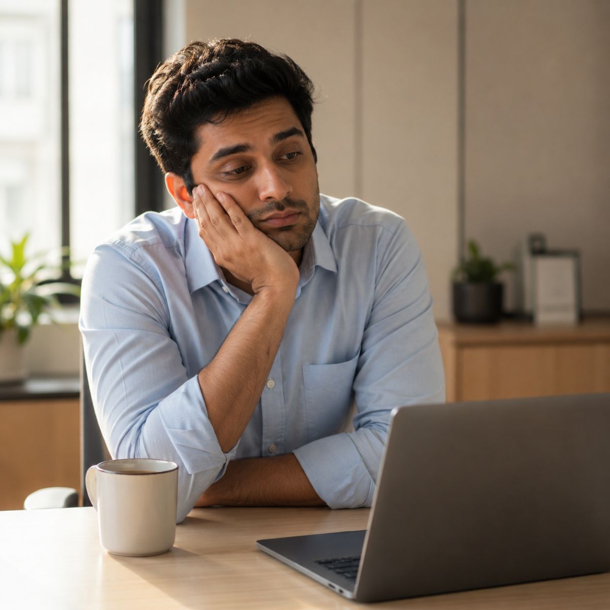 Man struggling to focus at work desk in the morning due to low energy from poor sleep
