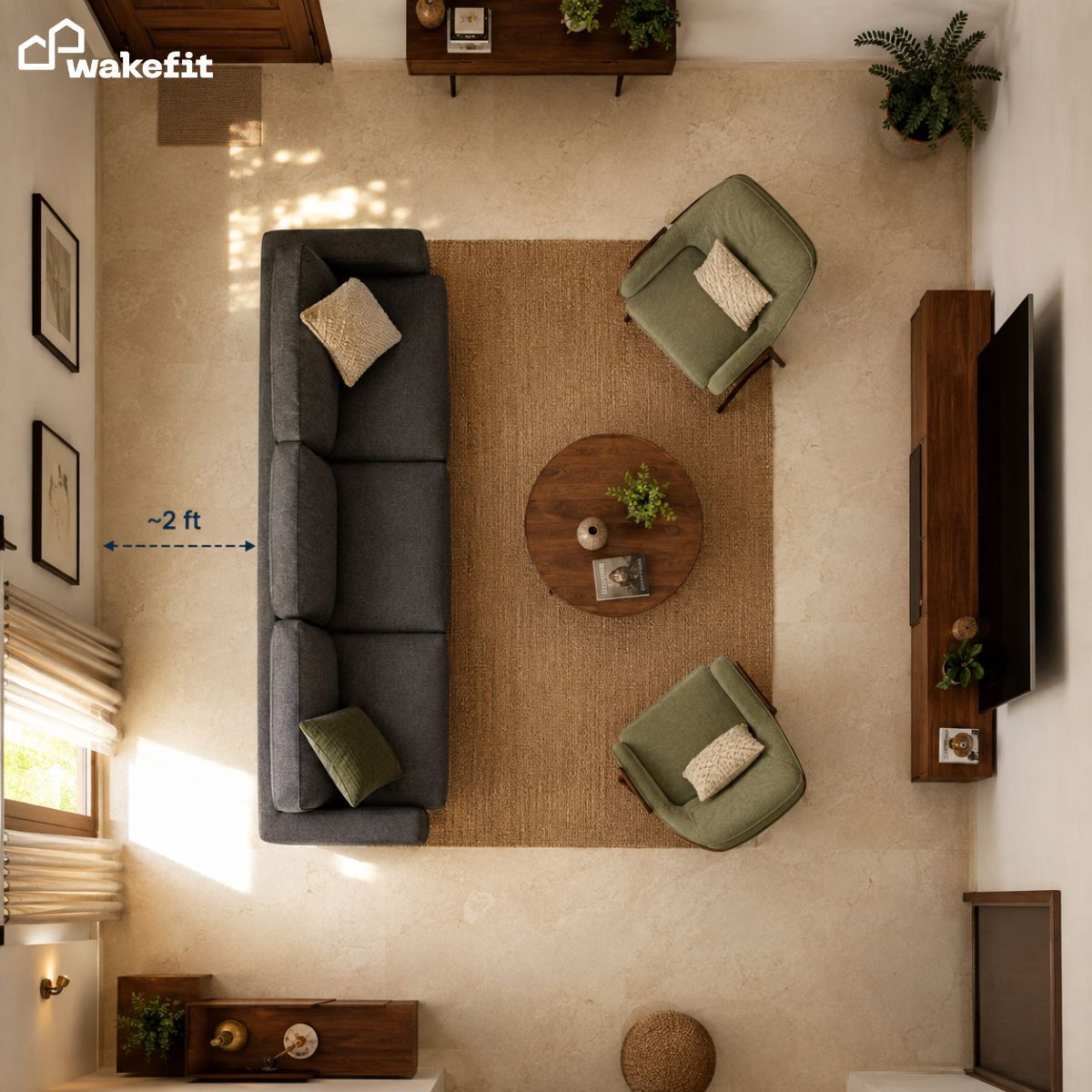Top-down view of a well-arranged Indian living room with a floating sofa, rug, and accent chairs showing the 2/3 furniture layout rule