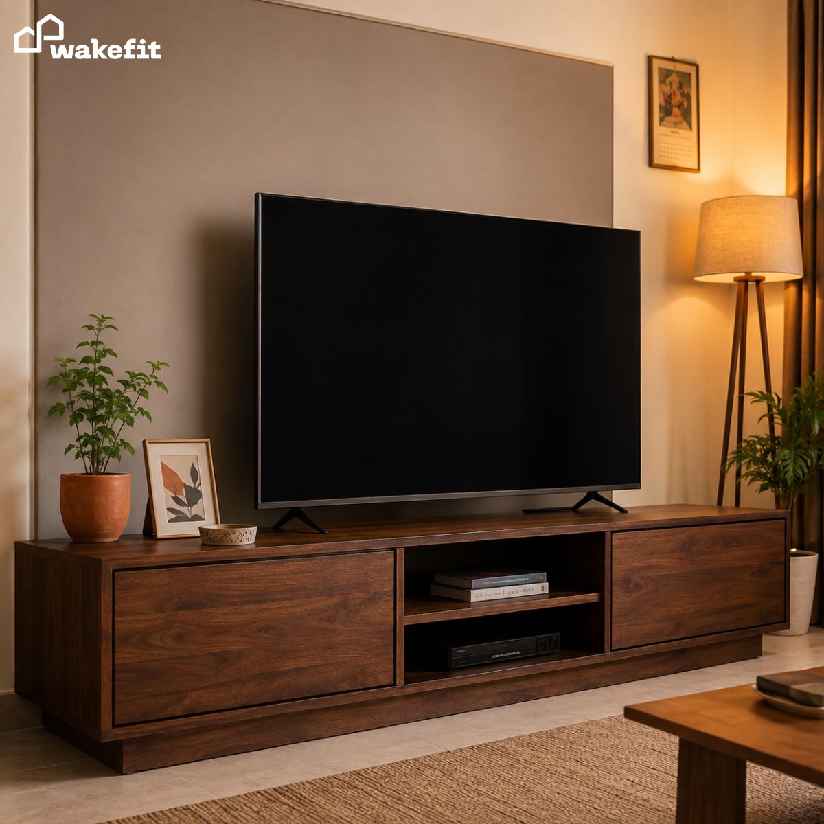 Clean modern TV unit with enclosed storage and zero visible wires in an Indian living room setup