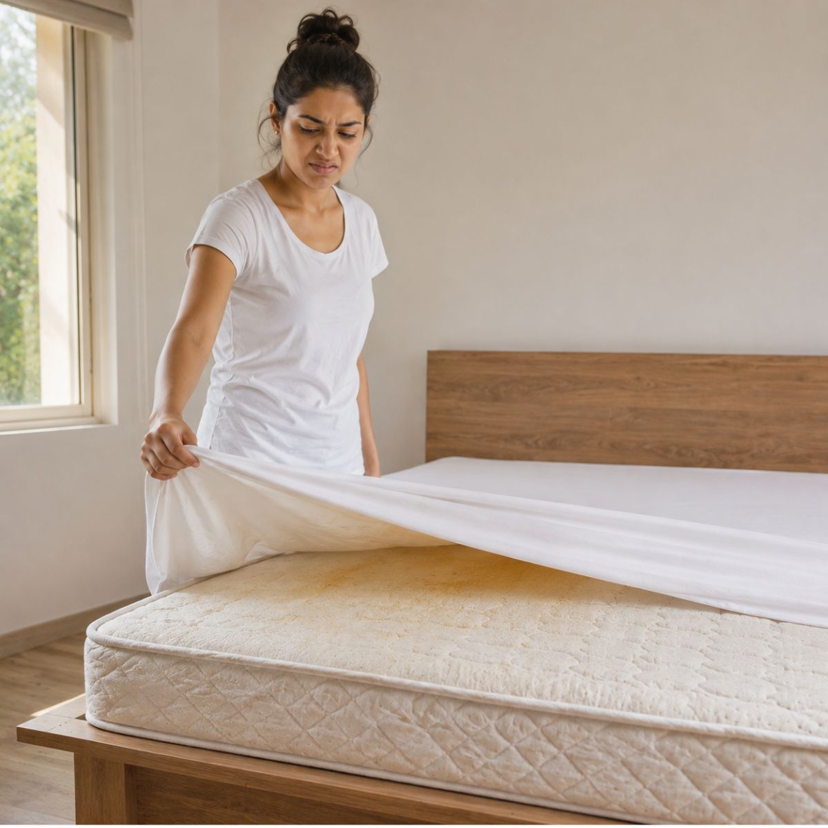 Woman reacting to smelly mattress while pulling back bedsheet in bedroom