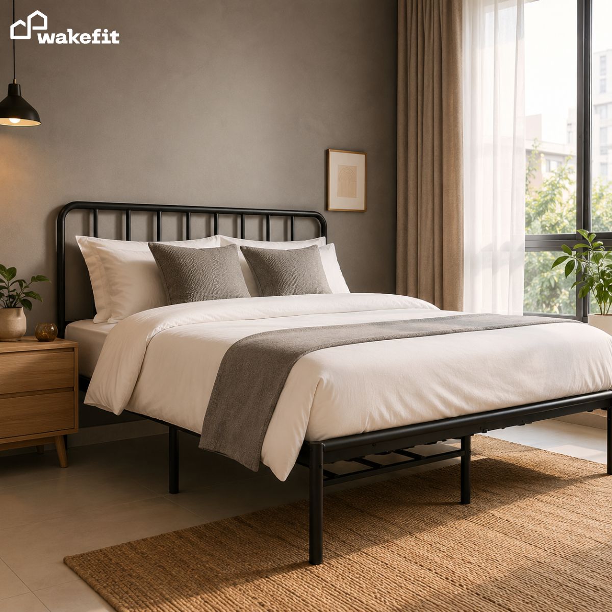 Wakefit matte black metal bed frame with vertical headboard in a clean modern Indian bedroom