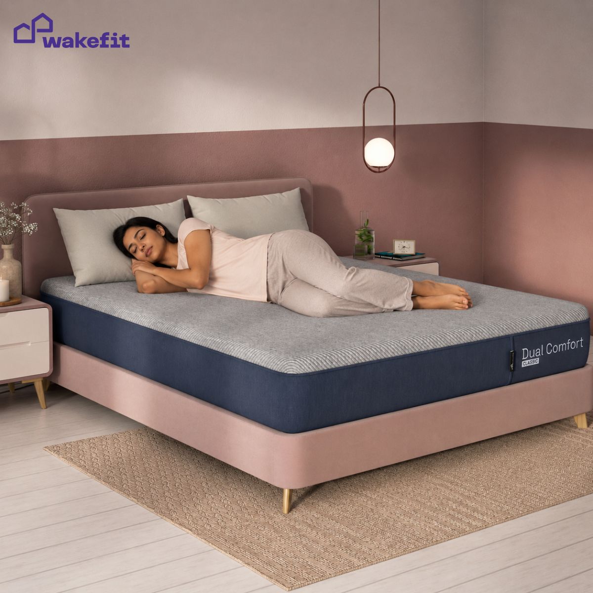 Wakefit mattress on a pink upholstered bed frame in a modern Indian bedroom - side sleeper guide