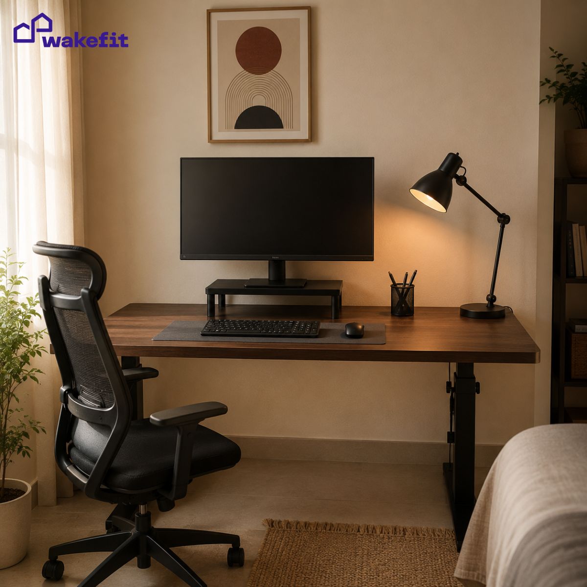 Clean organised Indian home computer table setup with monitor stand, desk lamp, and cable management against a warm off-white wall
