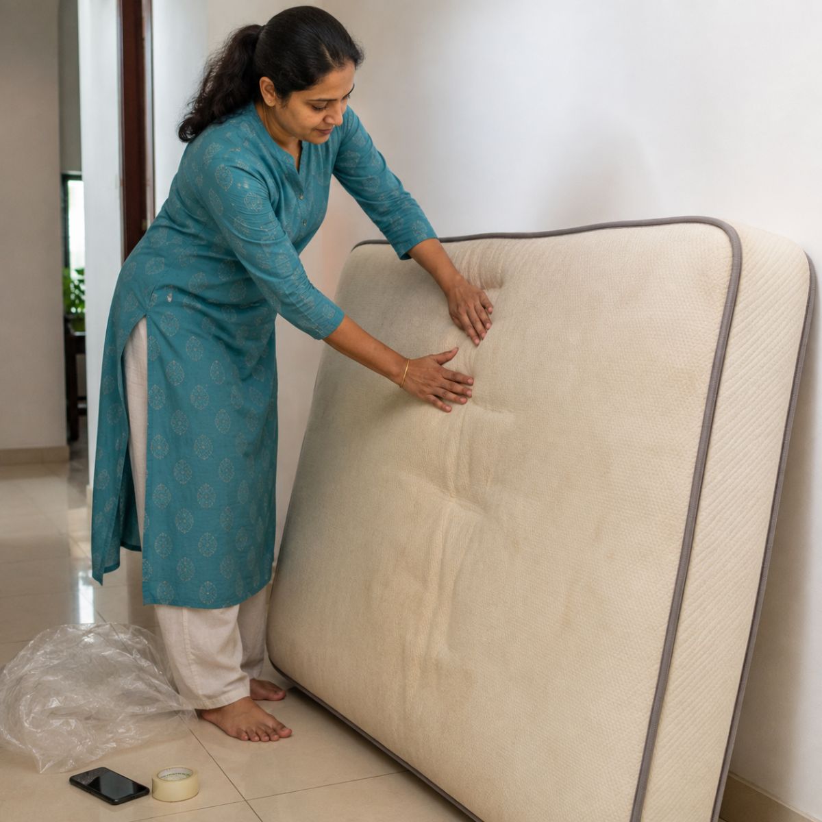 Indian woman checking old mattress condition before disposal, with kabadiwala pickup supplies