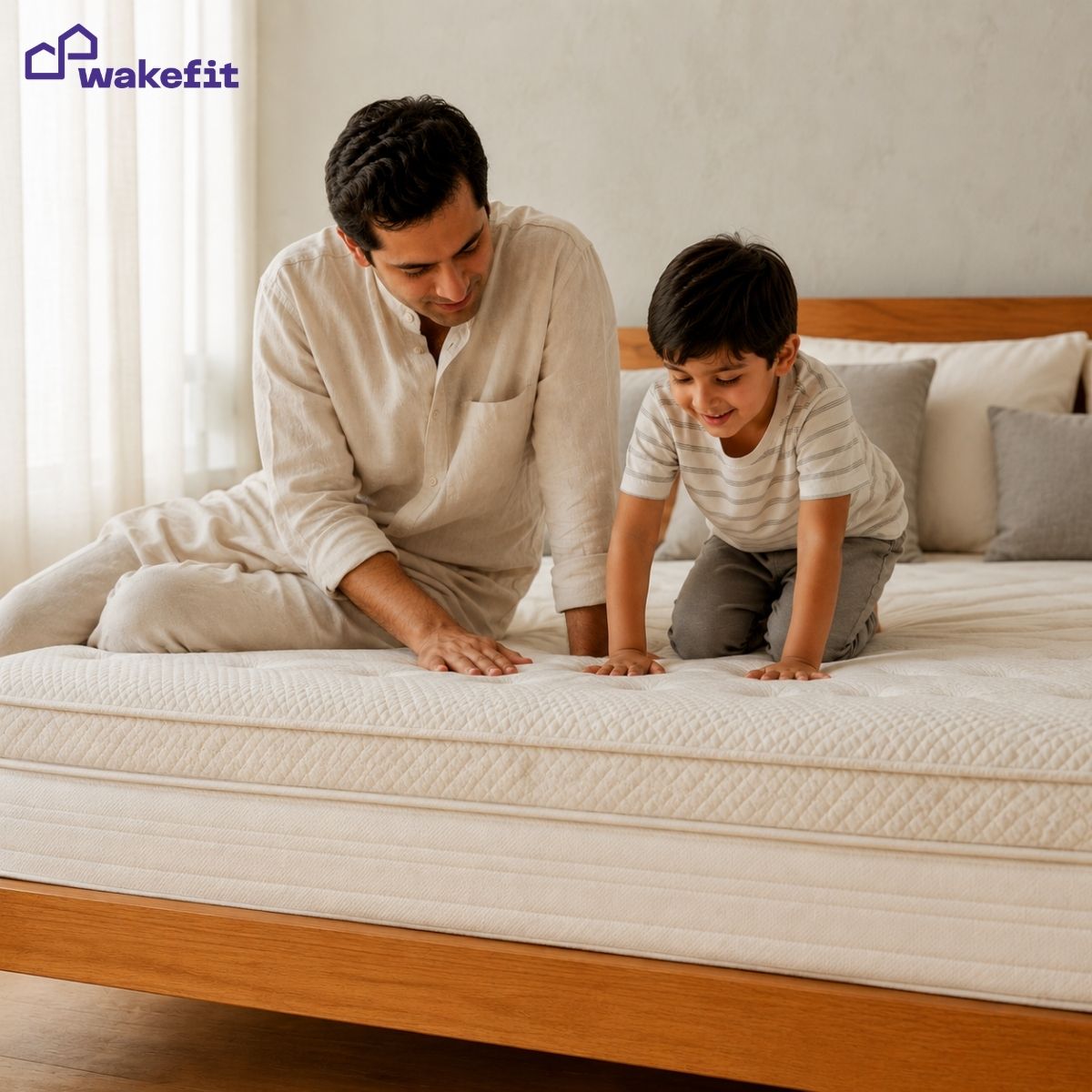 Father and child testing a kids mattress firmness in an Indian bedroom