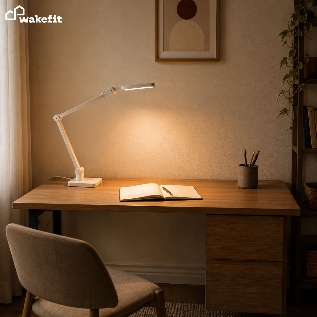 White adjustable study lamp positioned on the left side of a clean desk with an open notebook, showing correct study lamp placement for right-handed students