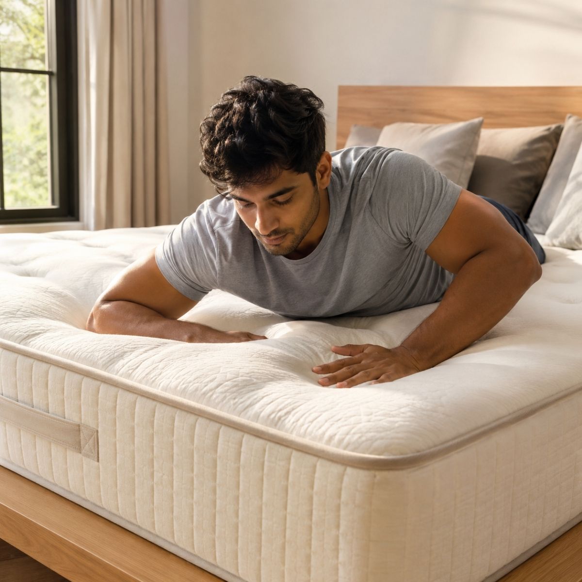 Man testing stomach sleeping position on a firm mattress in an Indian bedroom