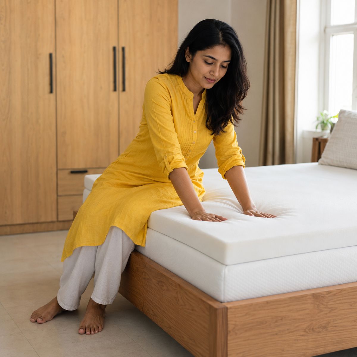 Indian woman pressing hands into a white memory foam mattress topper to test its softness and thickness