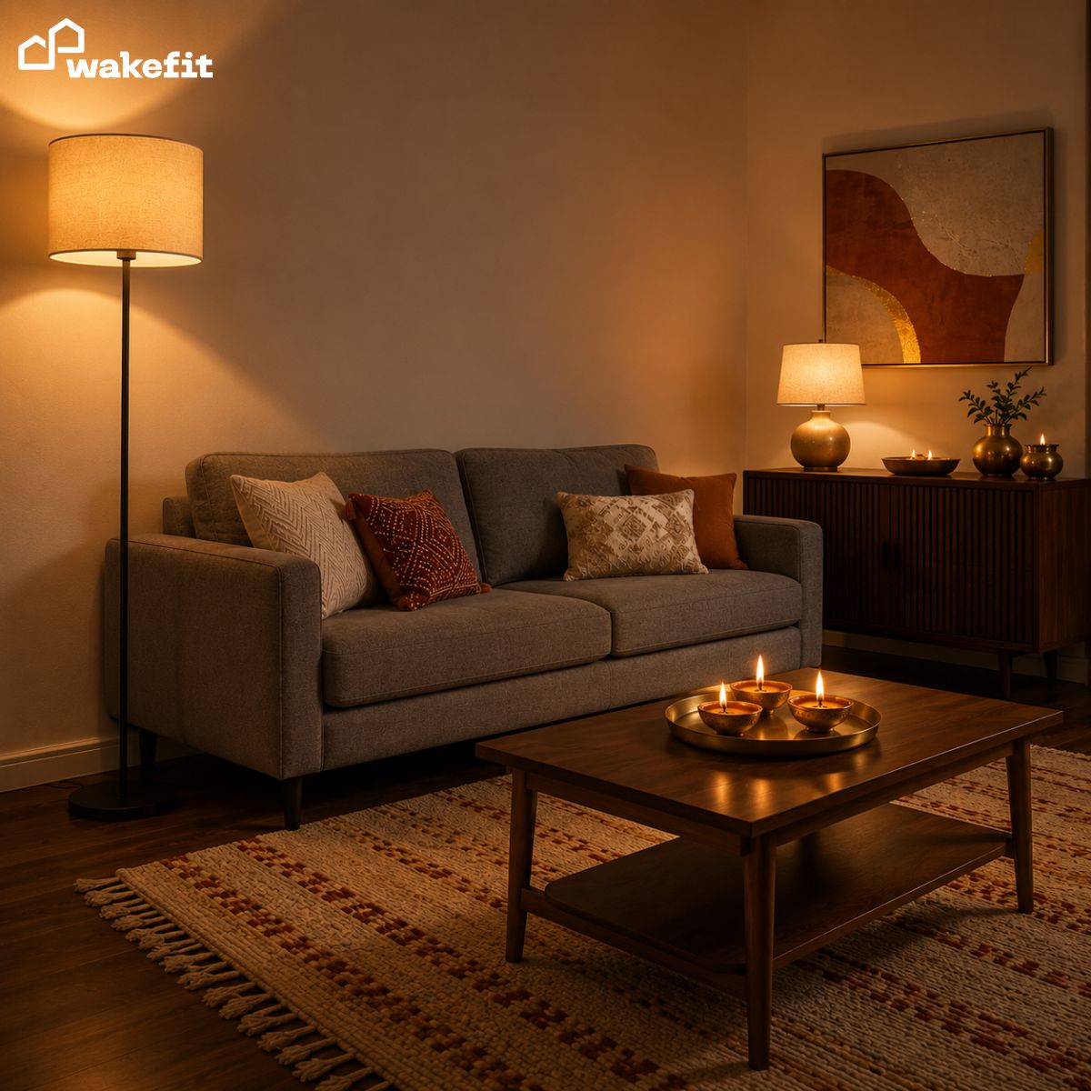 Wakefit floor lamp and table lamp casting warm golden light in an Indian living room styled for the festive season with brass diyas