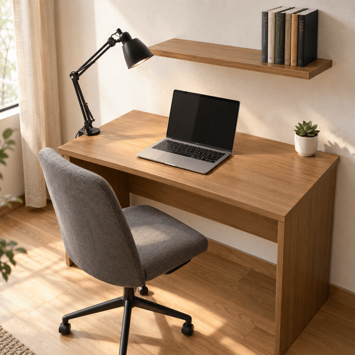 Compact study table setup with open laptop, task lamp, and floating shelf above, arranged in a small Indian bedroom corner