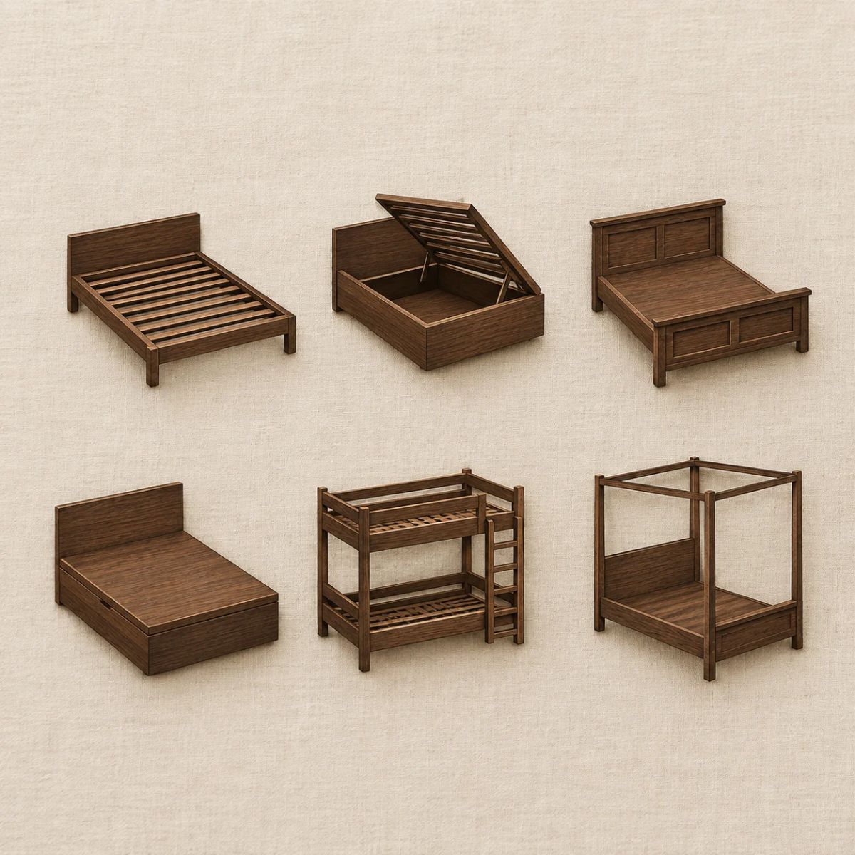 Six miniature bed frame silhouettes showing platform, storage, panel, divan, bunk and four-poster bed types in a flat-lay arrangement