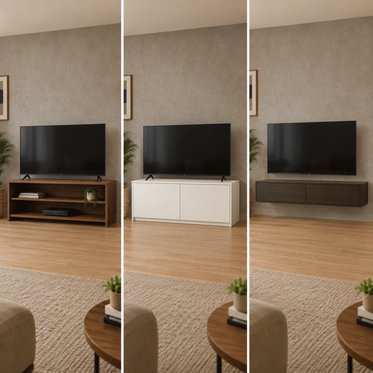 Three types of TV units side by side - open TV stand, closed TV cabinet, and wall-mounted floating console - in a modern Indian living room