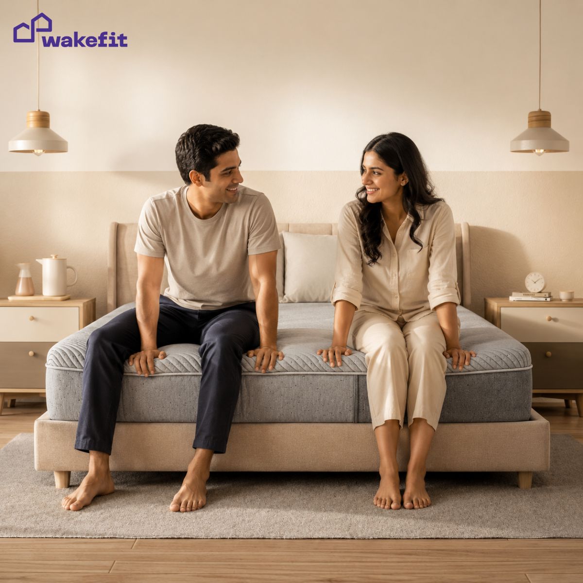 Couple testing a Wakefit mattress together in a warm Indian bedroom