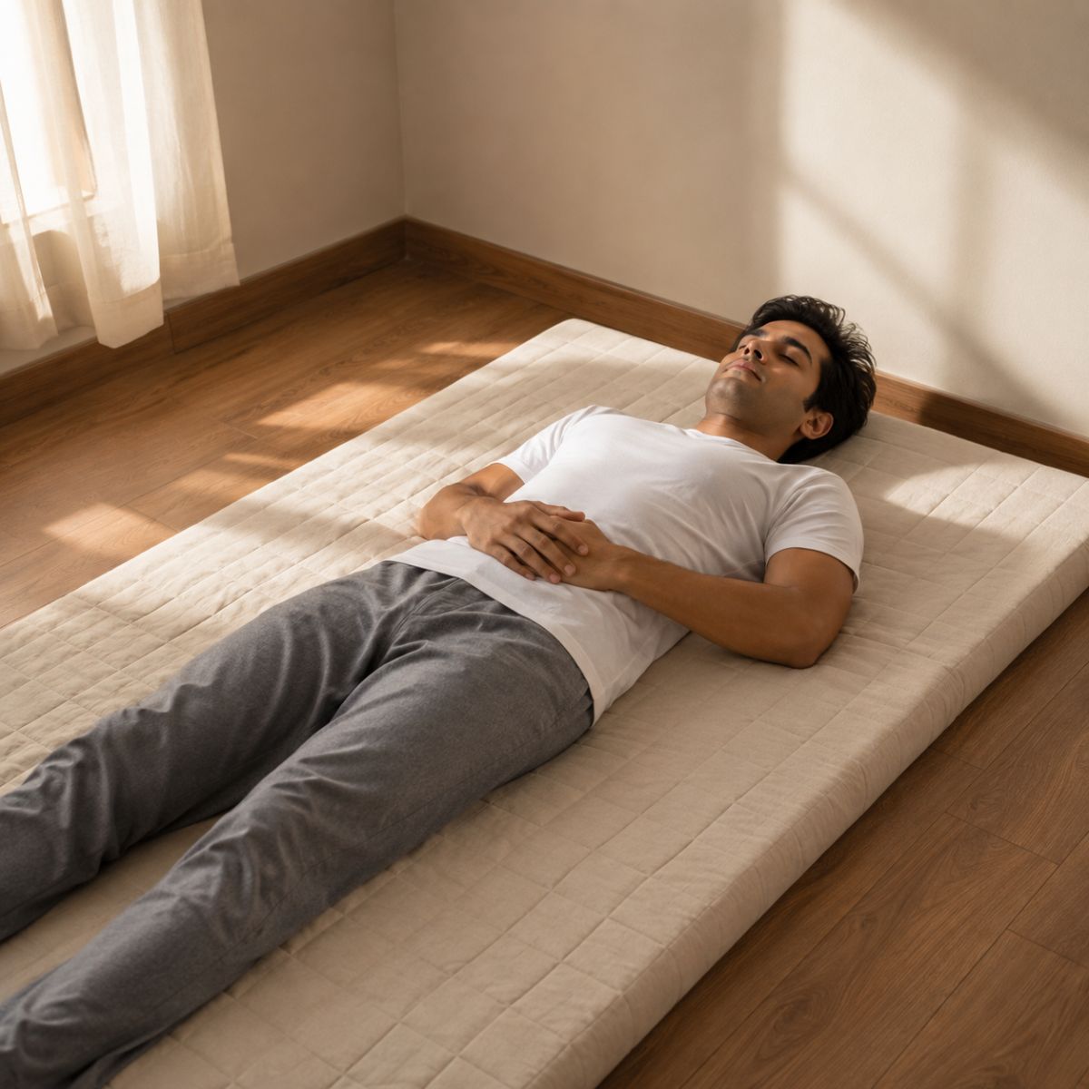 Indian man sleeping on a mattress placed directly on the floor
