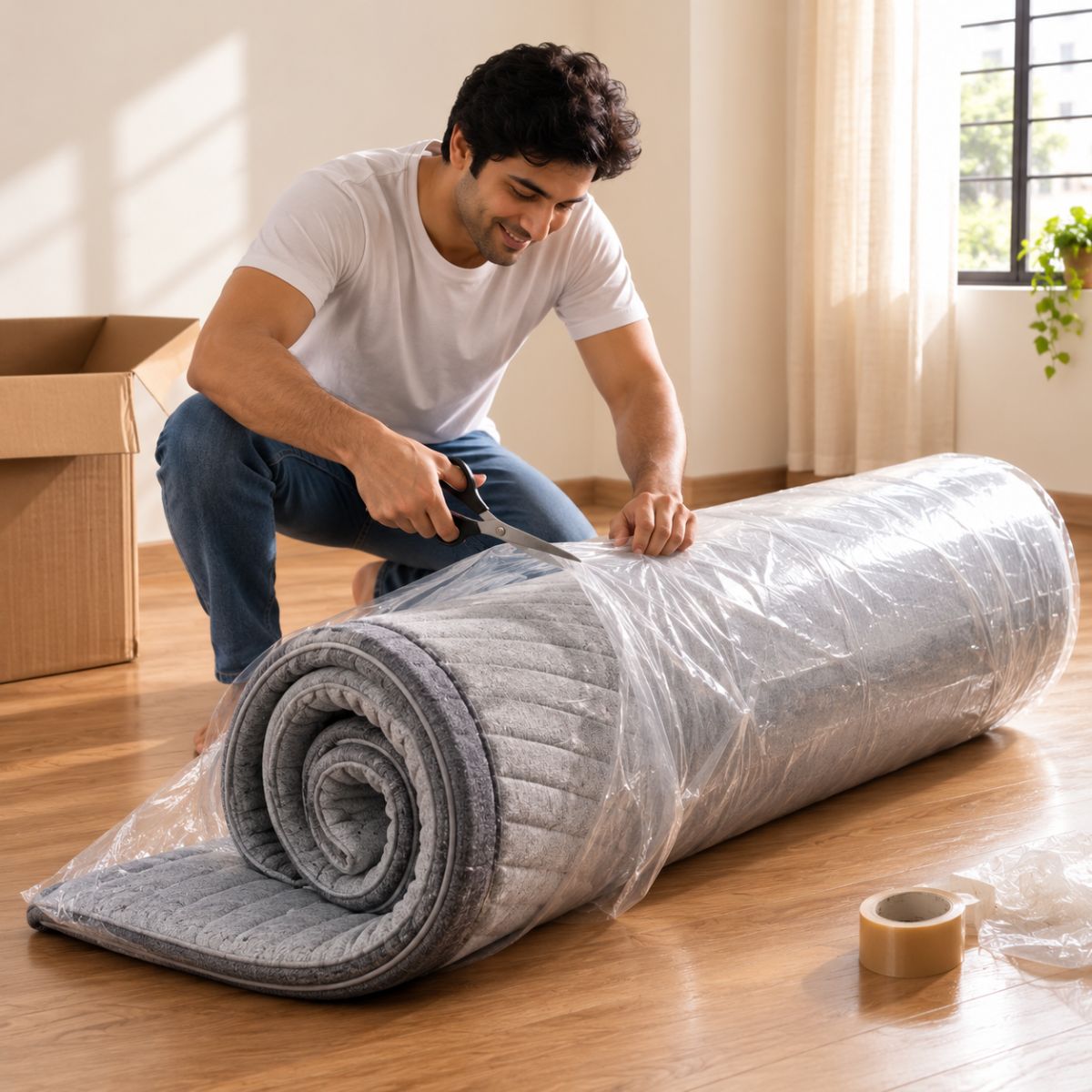 Man unboxing and unrolling a rolled mattress in an Indian bedroom