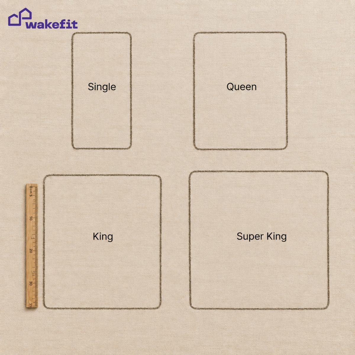 Chalk outline comparison of single, queen, king and super king mattress sizes on linen surface