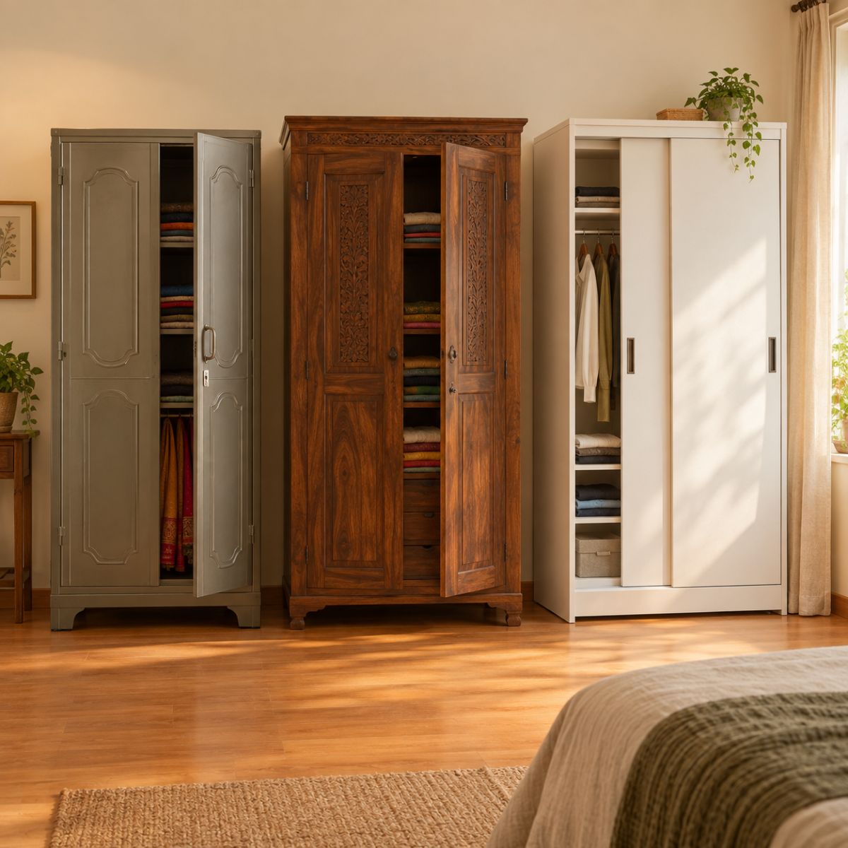 Side-by-side comparison of steel almirah, solid wood almirah, and sliding door wardrobe in an Indian bedroom