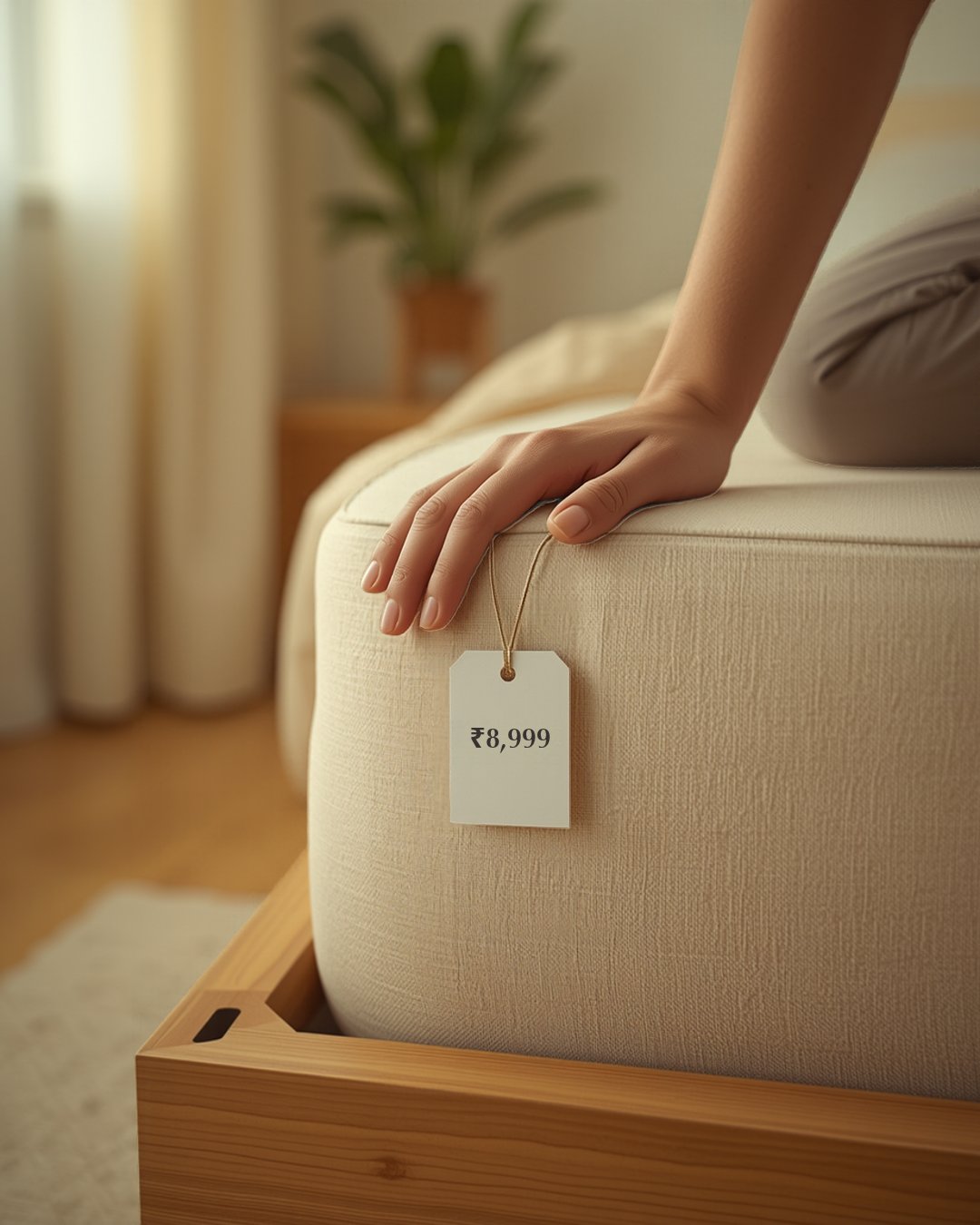 Person sitting on a mattress looking at a price tag showing Rs 8,999, representing budget mattress price range
