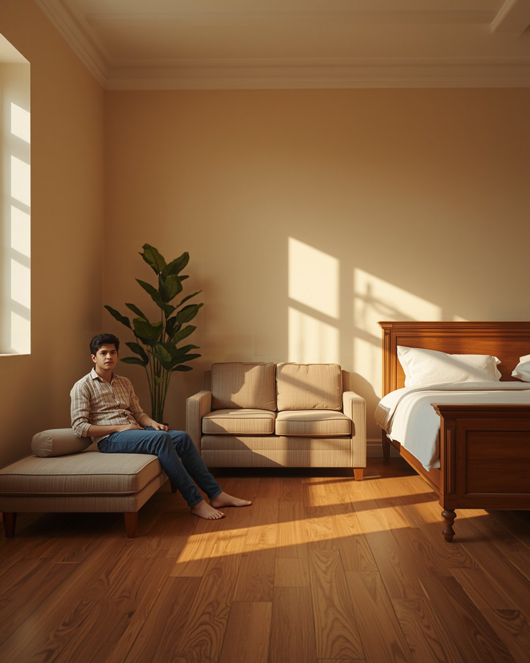 Low diwan daybed, sofa and double bed with headboard shown side by side in a living room, illustrating their different heights and uses