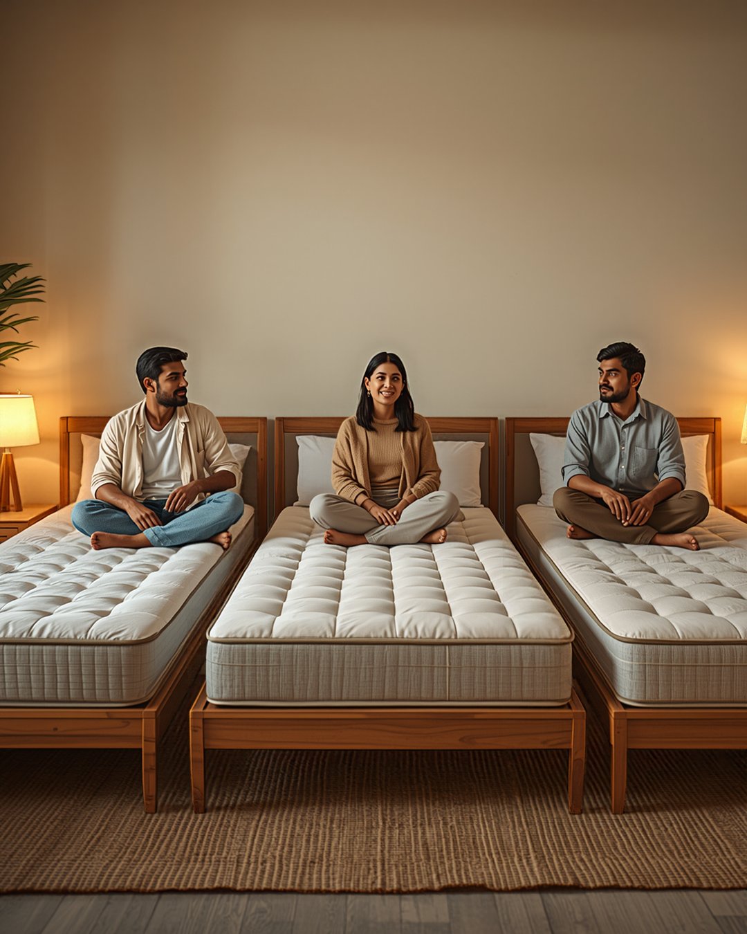 Three people sitting on separate pocket spring, Bonnell spring and foam mattresses in a warm Indian bedroom, comparing comfort and feel