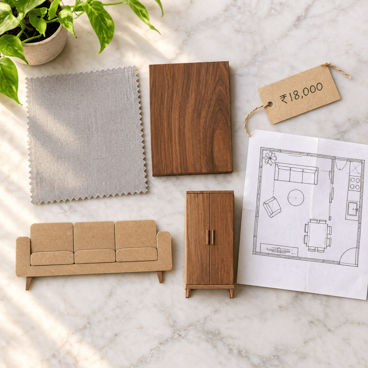 Furniture price guide India 2026 - mood board with fabric swatches and price tags