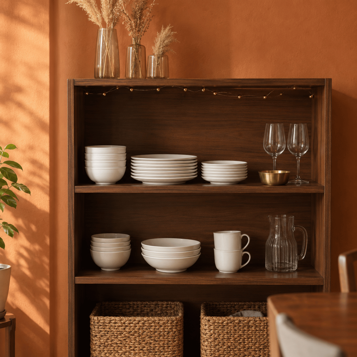 Styled dark walnut crockery unit with white ceramic dinner set, glassware and pampas grass in a warm Indian dining room