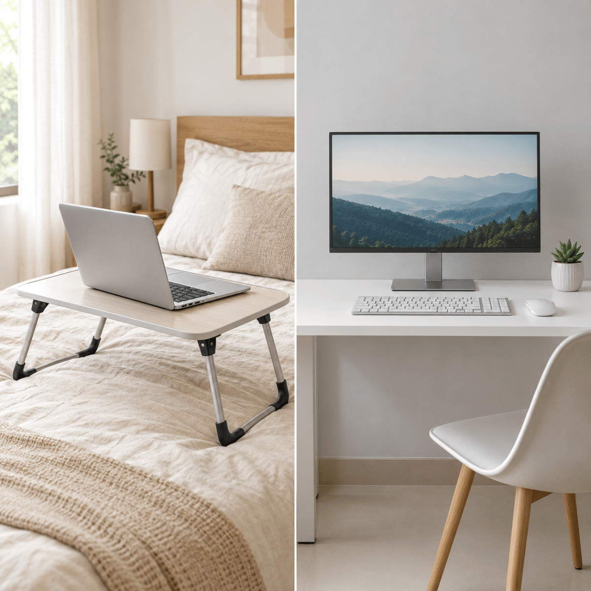 Laptop table on a bed versus a study table with monitor setup - comparison of portable and fixed desk options for home use