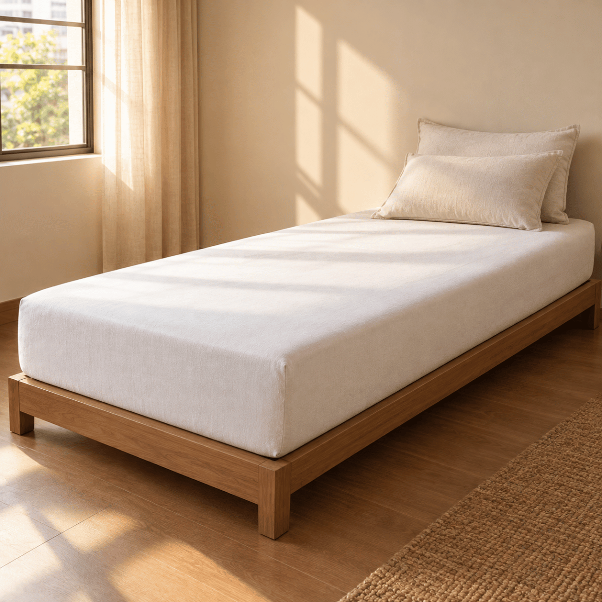 Diwan bed with white mattress and fitted sheet in a compact Indian bedroom