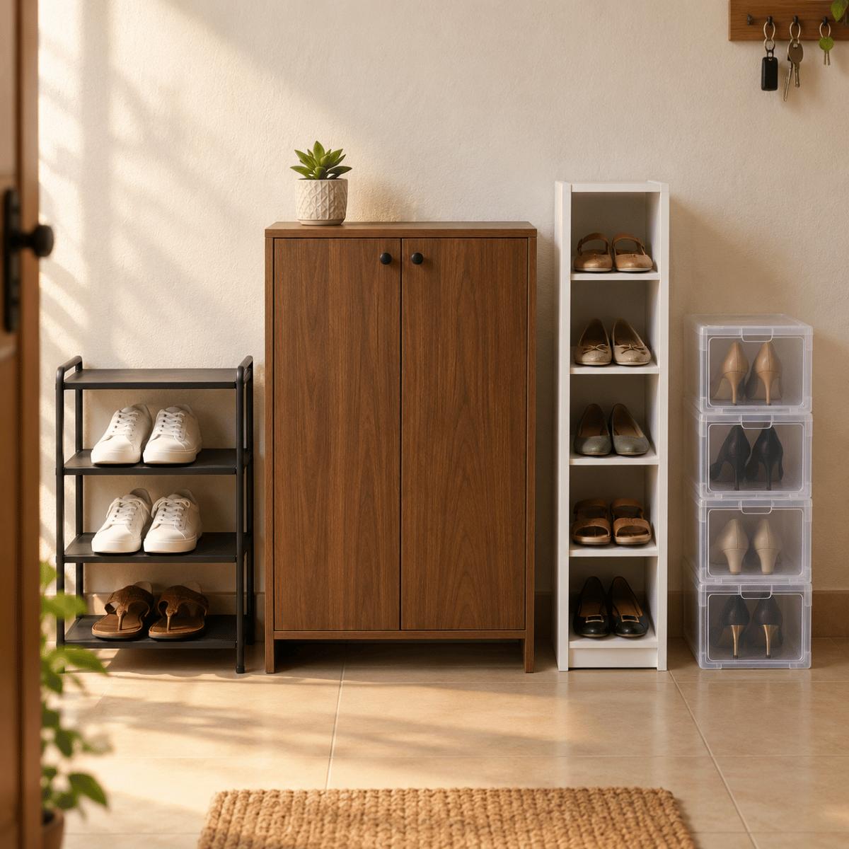 Four types of shoe storage in an Indian apartment entryway - open steel rack, closed walnut cabinet, slim white tower, and clear stackable box, photographed front-facing on beige tile floor