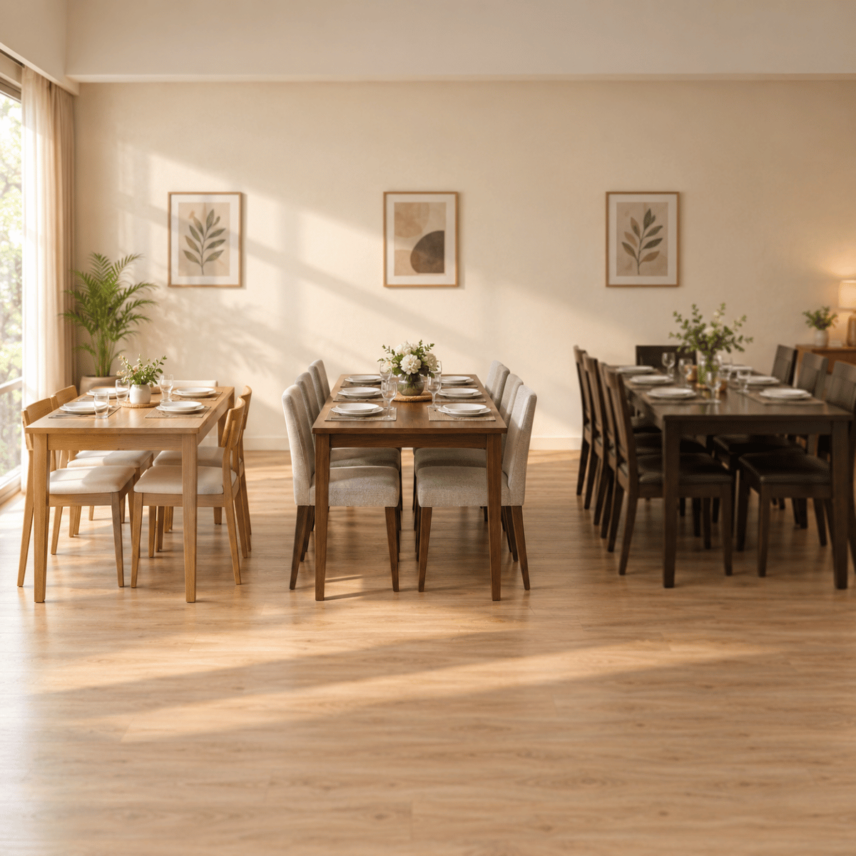 Three dining table sizes side by side - 4-seater, 6-seater, and 8-seater - set with chairs and tableware in a bright Indian apartment dining room