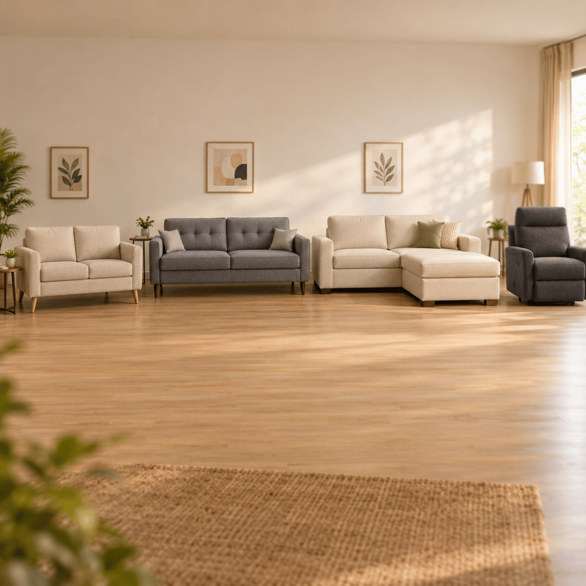 Four types of sofas in an Indian living room - loveseat, 3-seater, L-shaped sectional, and recliner - shown front-facing on oak floor