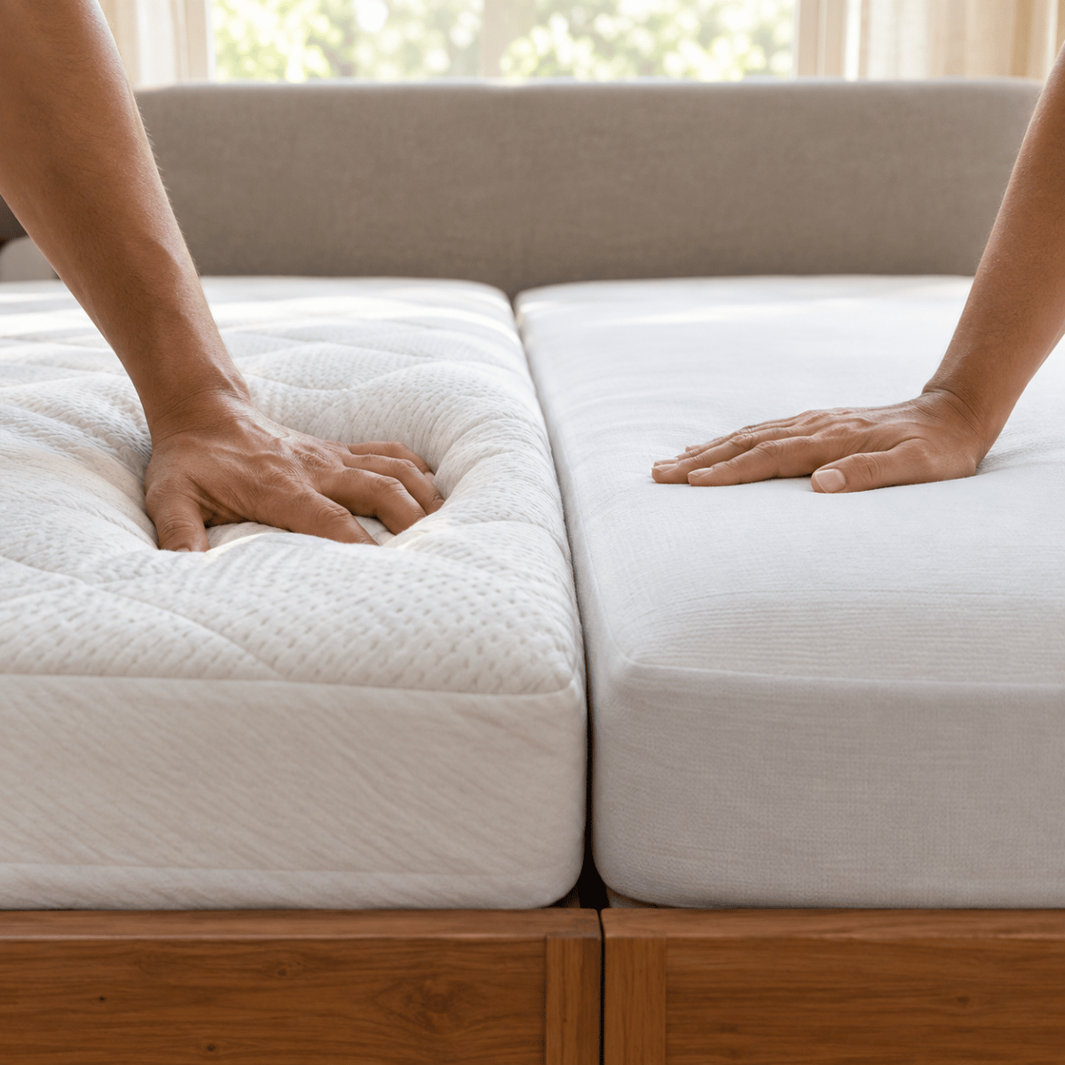 Two hands pressing into a soft memory foam mattress and a firm mattress side by side, showing the difference in compression and feel