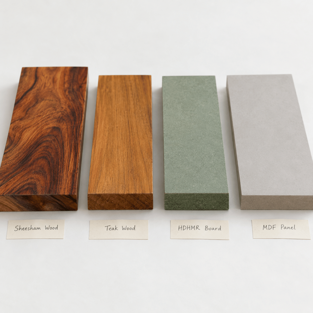 Four furniture material samples - Sheesham wood, teak, engineered wood HDHMR, and MDF - shown side by side with cross-section detail