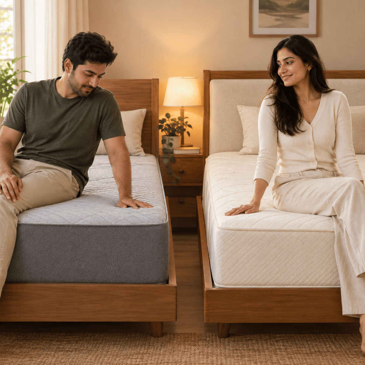 Couple sitting on two different mattresses - man on memory foam, woman on latex - comparing feel and comfort in a warm bedroom setting